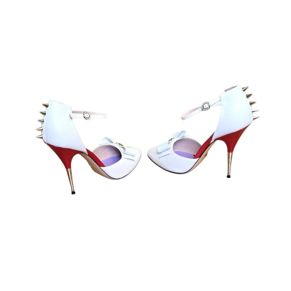 Gucci White Leather Crystal GG Bow Spike Ankle Strap d'Orsay High Heel Pumps - Picture 4 of 11